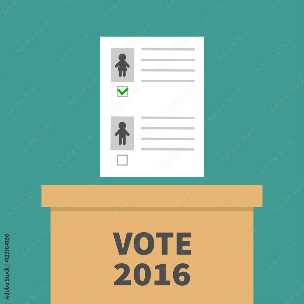 Ballot Voting box with paper blank bulletin Man Woman concept. Polling station. President election day Vote 2016. Green background Flat design Card Ballot Voting box with paper blank bulletin Man Woman concept. Polling station. President election day Vote 2016. Green background Flat design Card