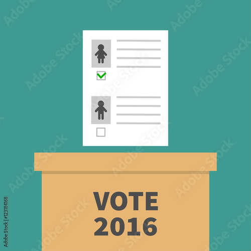 Ballot Voting box with paper blank bulletin Man Woman concept. Polling station. President election day Vote 2016. Green background Flat design Card