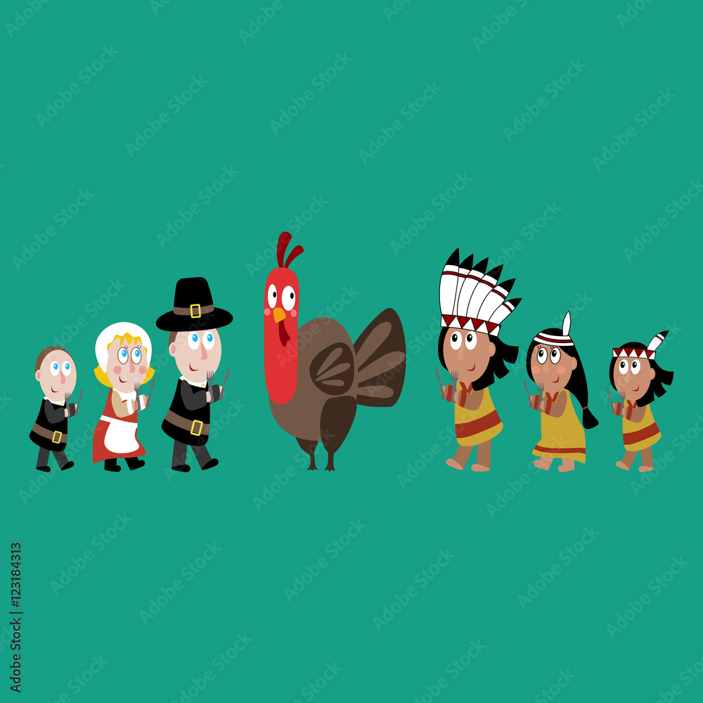 Pilgrims and indians illustration