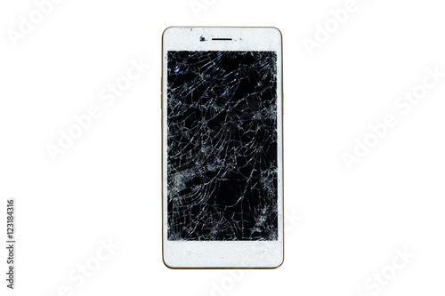 Broken mobile screen isolated on white background.