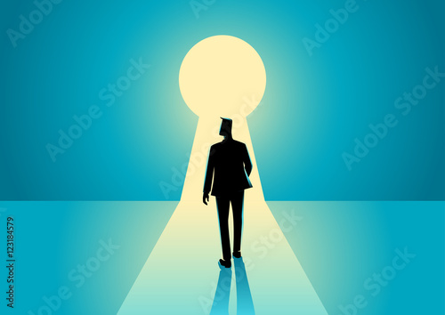 Businessman walking into keyhole
