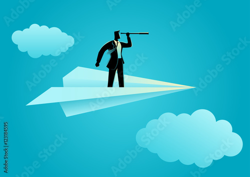 Businessman using telescope on paper plane