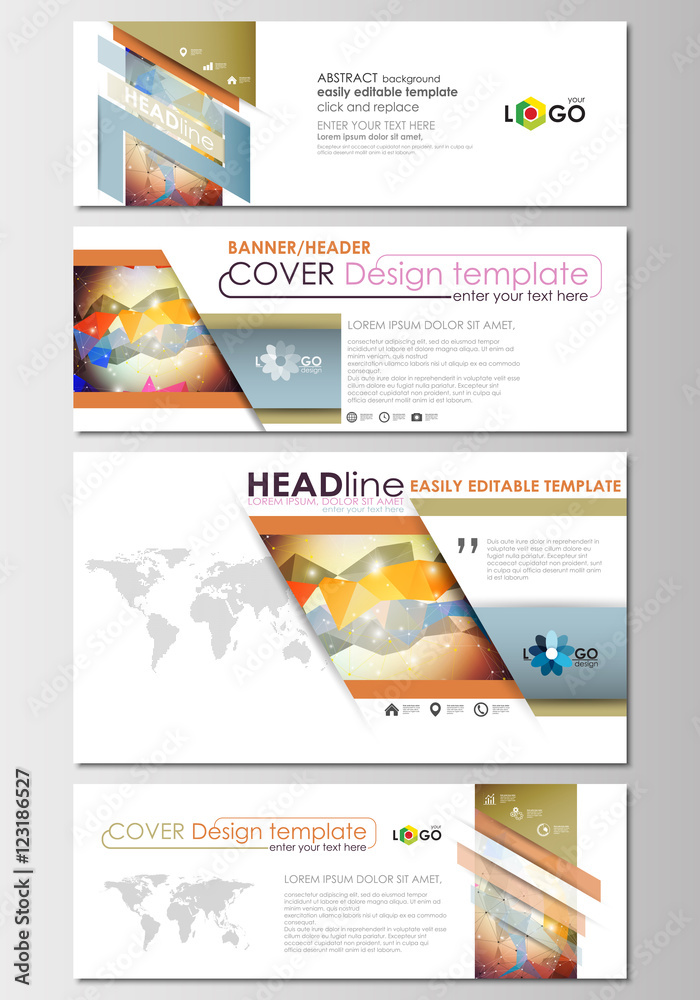 Social media and email headers set, modern banners. Business templates. Cover template, flat layout in popular sizes. Abstract colorful triangular design vector background with polygonal molecules.