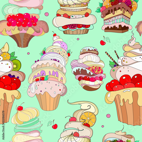 Vector pattern. Illustration of fantastic cakes in the bright mint background. hipster background