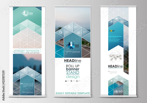 Roll up banner stands, flat design, abstract geometric templates, modern business layouts, corporate vertical vector flyers. Blue color travel decoration, easy editable, colorful natural landscape.