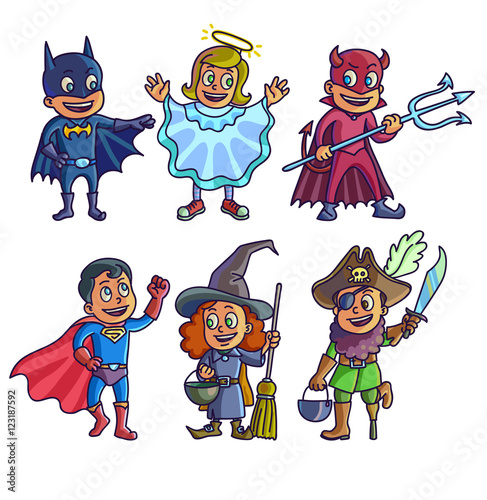 Happy halloween. Set of cartoon cute children in different costumes batman, witch, angel, devil superhero and pirate.
