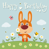 Happy birthday! Cute bunny rabbit with flower camomile on flower meadow. Birthday card.