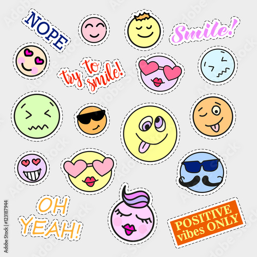 Fashion patch badges. Smiles set. Stickers, pins, patches and handwritten notes collection in cartoon 80s-90s comic style. Trend. Vector illustration isolated. Vector clip art.