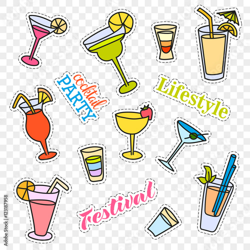 Fashion patch badges. Cocktail set. Stickers, pins, patches and handwritten notes collection in cartoon 80s-90s comic style. Vector illustration isolated on transparent background Vector clip art.