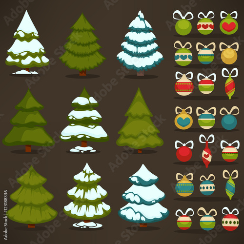 Set of christmas green trees and decoration ball.