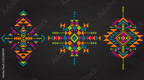 Set of three colorful ethnic pattern elements with geometric shapes.