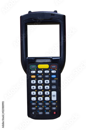 handheld laser barcode scanner on white background