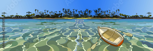 cartoon empty boat floating in the sea off tropical coast