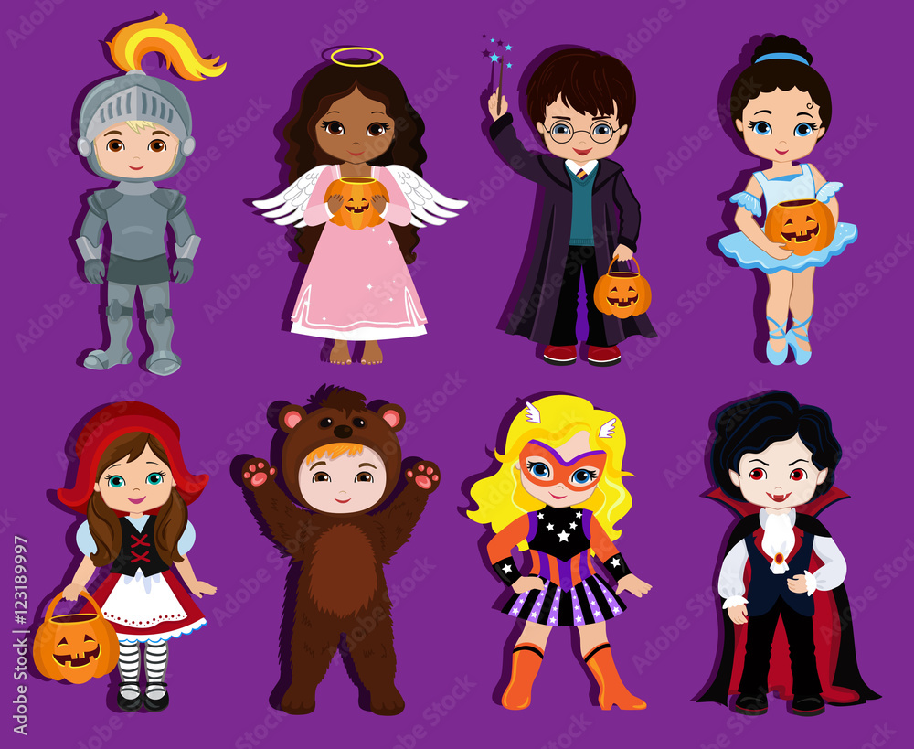 Halloween children trick or treating in Halloween costume. Vector illustration isolated on background.