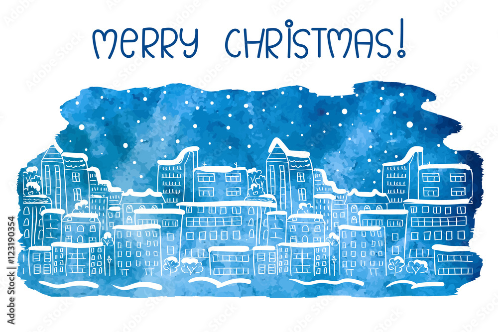 Merry Christmas card design. Winter watercolor background with doodle cityscape. Vector illustration.
