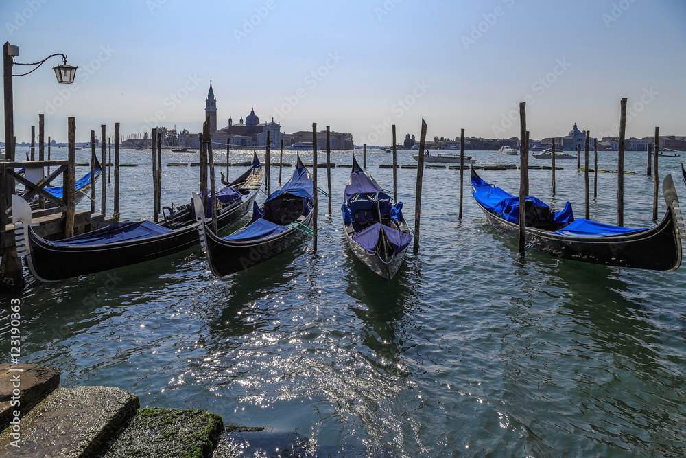 Gondolas near the waterfront area of San Marco in Venice