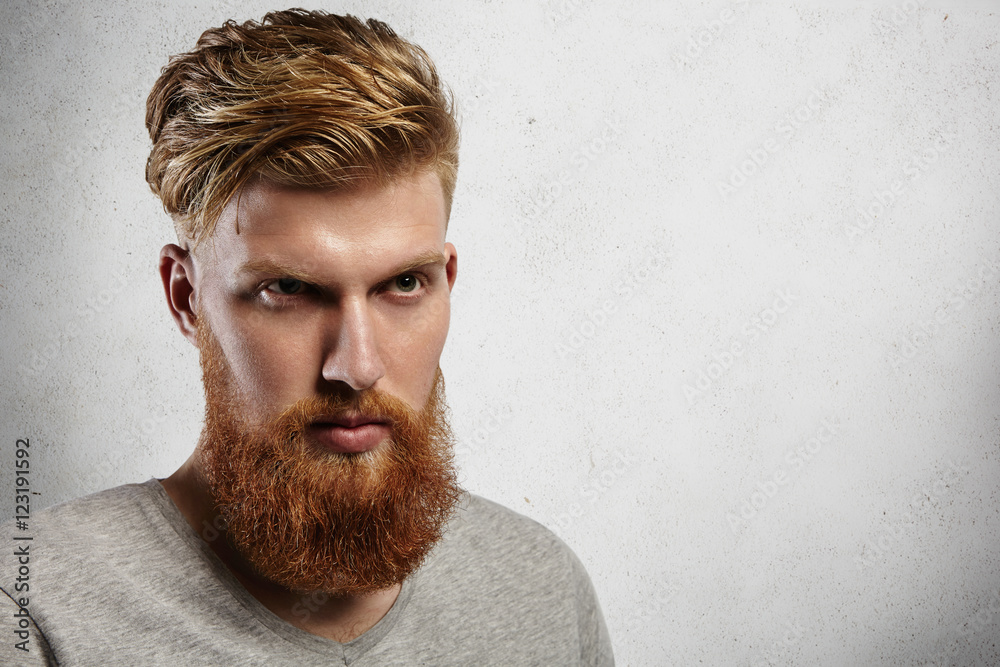 Portrait of young European hipster with fair skin and trendy ginger beard.  Fashionable undercut hairstyle and handsome face features together with  virile character make him look utterly attractive. Stock Photo | Adobe