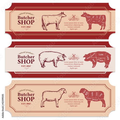 Butcher shop label fresh beef, pork, lamb