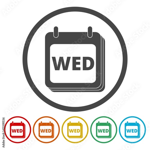 A wall calendar with the word Wednesday. Flat colorful buttons for Wednesday (calendar icon) 