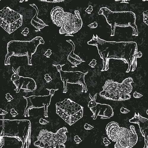 Seamless vector pattern with farm animals. Farmers market