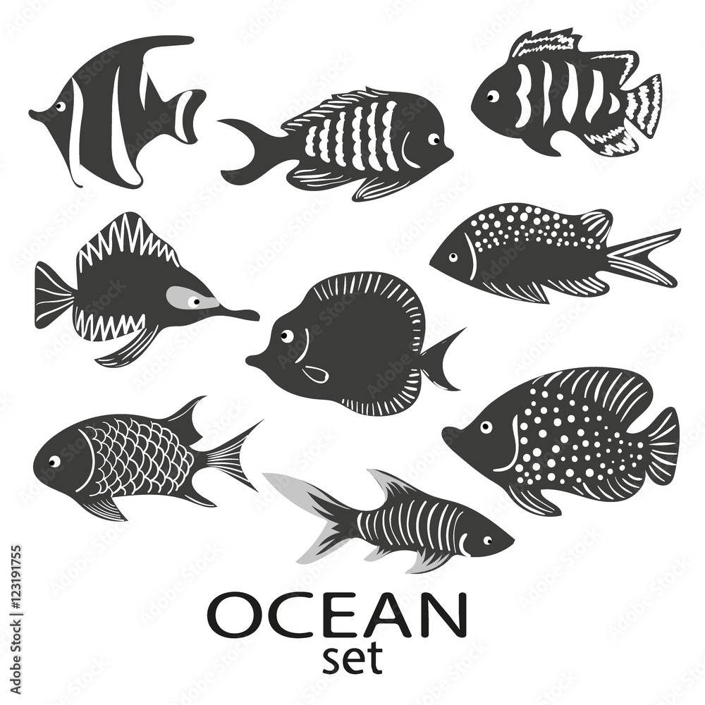Naklejka premium Fish silhouettes set. Collection of black and white sea fish isolated on white background. Vector illustration.