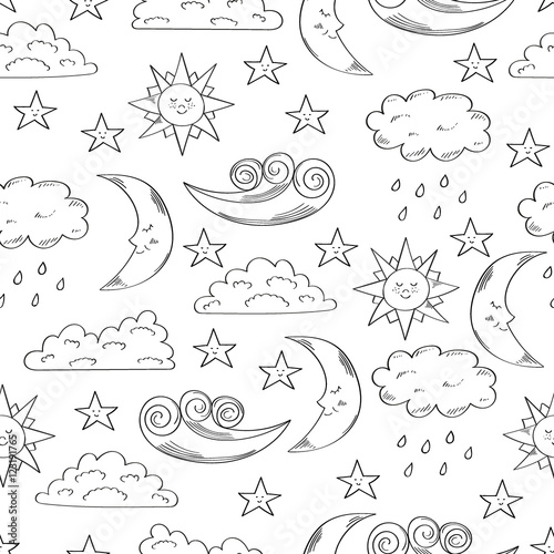 Black and white seamless pattern with cute doodle sun, moon, clouds and stars. Vector background. 
