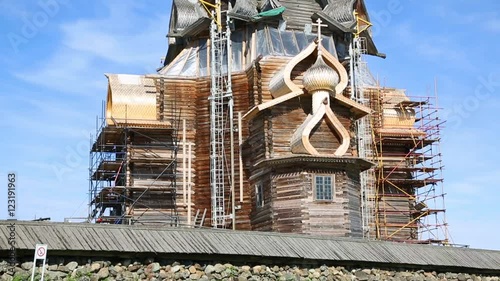Church of the Transfiguration at Kizhi pogost, traditional russian wooden architecture. Kizhi pogost declared a World Heritage Site by UNESCO.