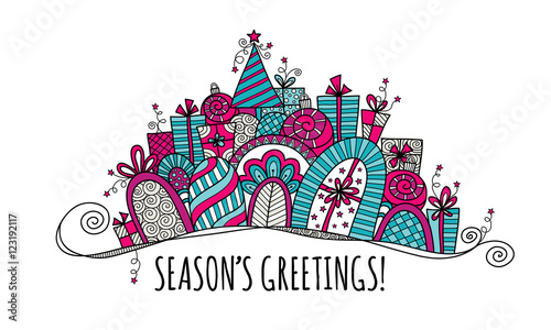Season's Greetings Modern Christmas Banner doodle vector illustration with the words season's greetings under a banner of presents, baubles, a christmas tree, swirls and stars.