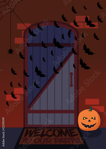 The entrance of the house with bats and pumpkins decorated for H