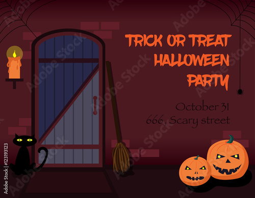 Trick or treat Halloween party invitation.