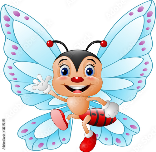 Cartoon funny butterfly waving hand