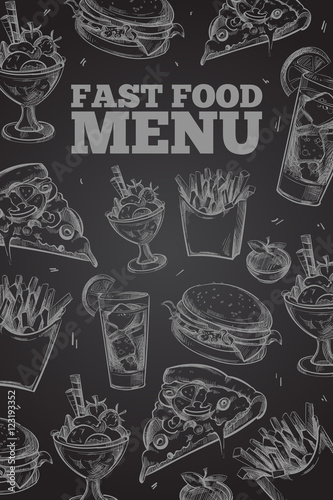 Hand drawn vector fast food on chalkboard in vintage style elements for restaurant menu