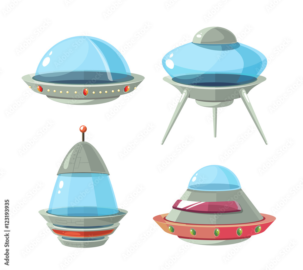 Cartoon alien spaceship, spacecrafts and ufo vector set