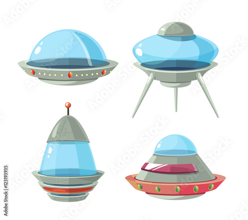 Cartoon alien spaceship, spacecrafts and ufo vector set