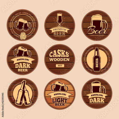 Wooden oak barrel signboards. Retro vector circle alcohol labels for cafe, restaurant, bistro, pub, beer, wine, whiskey