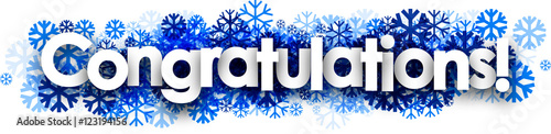Congratulations banner with blue snowflakes.