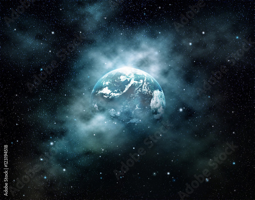 Fototapeta Naklejka Na Ścianę i Meble -  Planet earth with sun rising in outer space at star field
