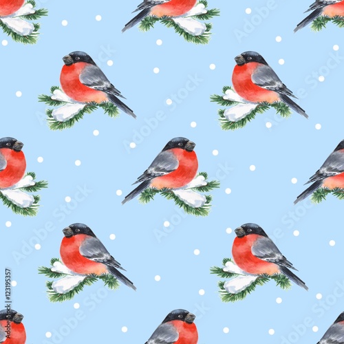 Bullfinch and snow. Seamless background 3 with bird on branch. Watercolor pattern