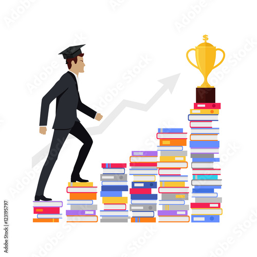 Male Young Businessman Going Upstairs on Books.