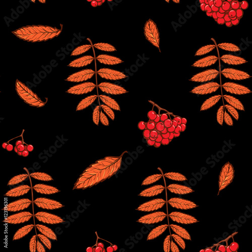 Autumn rowanberry leaves and berries. Detailed intricate hand drawing. Chaotic distribution of elements. Red on black seamless pattern. EPS10 vector illustration.