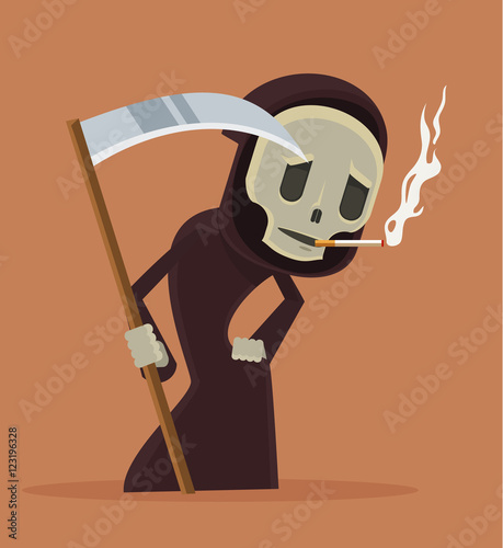 Stop smoke. Smoking death character. Vector flat cartoon illustration