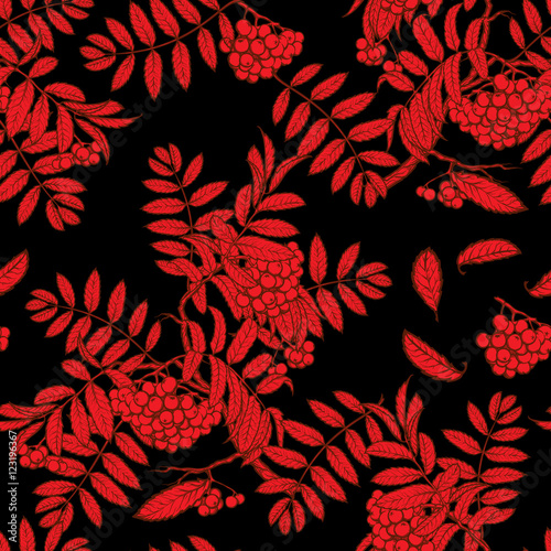 Autumn rowanberry leaves and berries. Detailed intricate hand drawing. Chaotic distribution of elements. Red on black seamless pattern. EPS10 vector illustration.