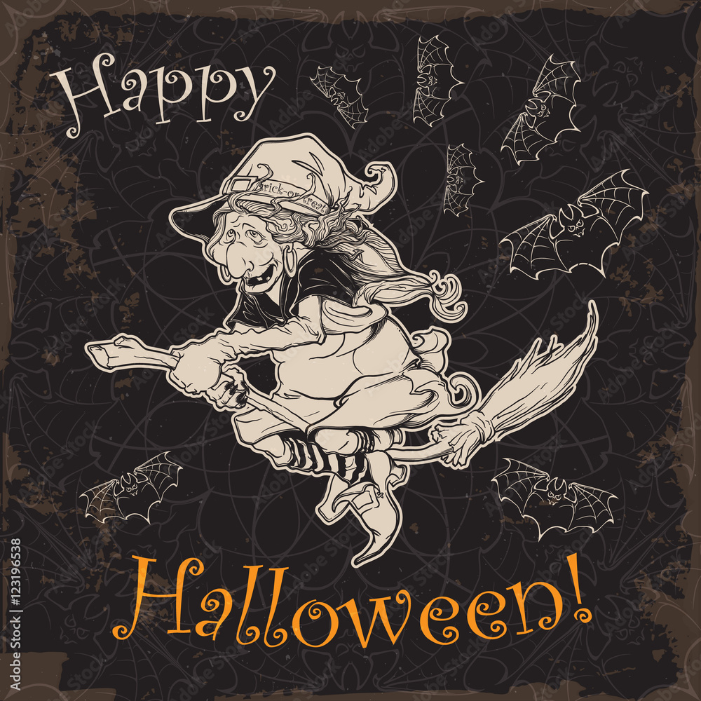 Halloween witch riding the broom. Halloween character concept design. Black and white sketch isolated on white background. Comic style intricate hand drawing. Tattoo design. EPS10 vector illustration.