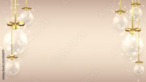 Christmas background with glass balls. Elegant vector illustration for xmas design. Happy New Year background with gold bows and shining light.