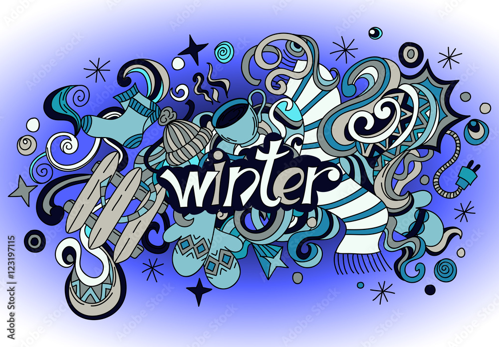 Winter hand lettering and doodles elements background.