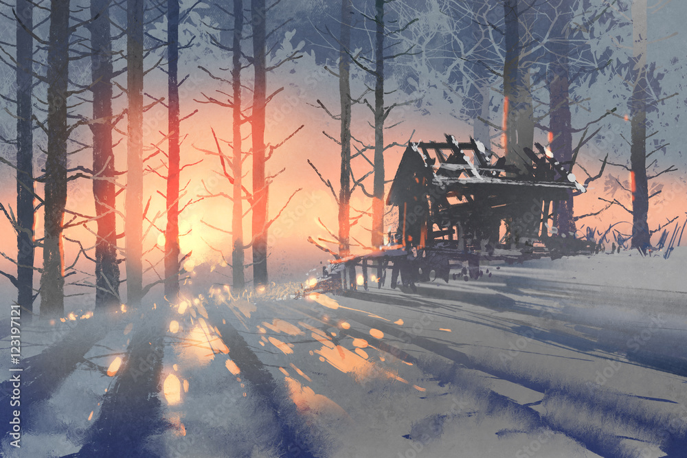 Fototapeta premium winter landscape of an abandoned house in the forest,illustration painting