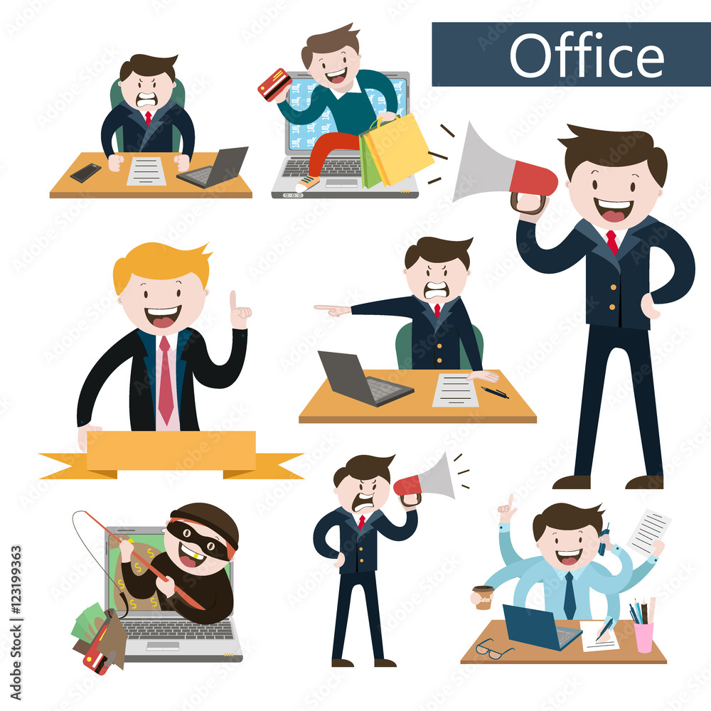 set office, office worker , a thief online , online shopping , angry boss , the director yells through a megaphone , the best worker, vector graphics