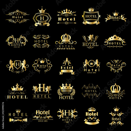 Hotel Logo Set - Isolated On Black Background - Vector Illustration, Graphic Design. For Web,Websites,App, Print,Presentation Templates,Mobile Applications And Promotional Materials