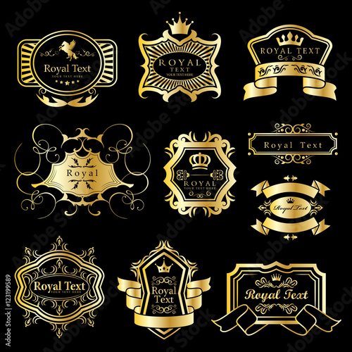 Golden Labels Set - Isolated On Black Background - Vector Illustration, Graphic Design. For Web,Websites,Print,Presentation Templates,Mobile Applications And Promotional Materials