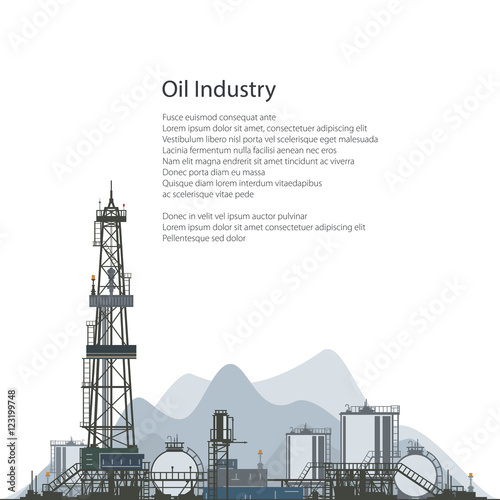 Oilfield, Drilling Oil or Natural Gas Rig with Outbuildings and Tanks and Cisterns, Poster Brochure Flyer Design, Vector Illustration